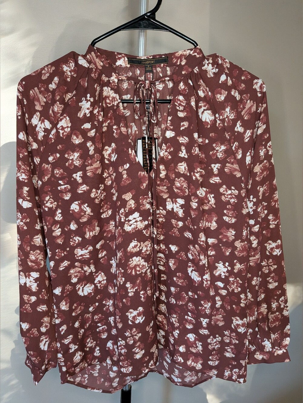 Women's Burgundy Floral Tie-Neck Blouse